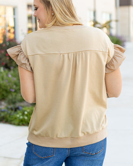 Parchment Ruffled Short Sleeve Bowknot Applique Crew Neck Plus Size Top