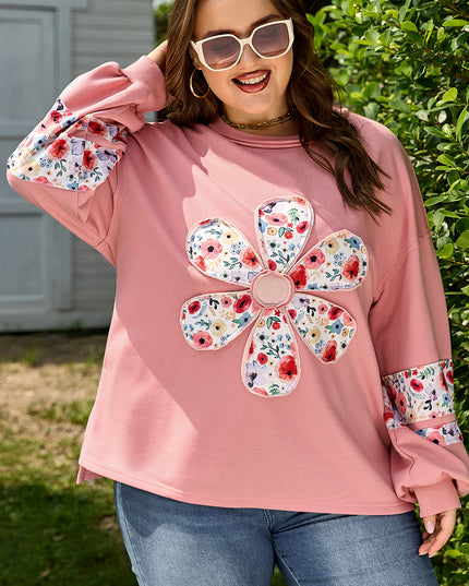 Peach Blossom Plus Size Floral Applique Drop Shoulder Sweatshirt