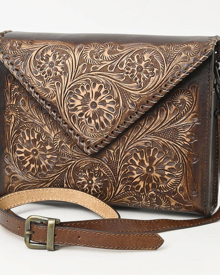 ADBGZ754 Envelope Hand Tooled Leather Wallet Bag - Western Floral Whipstitch Purse