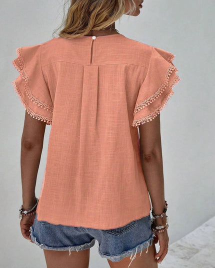 Crewneck Loose Lace Ruffle Short-Sleeved T-Shirt Top