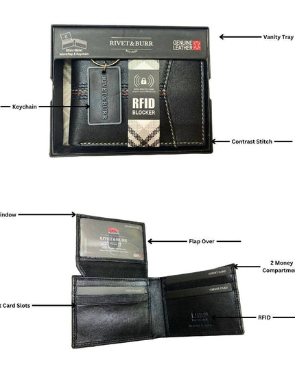 Contrast Stitch Bifold Wallet w/ Vanity Tray & Keychain