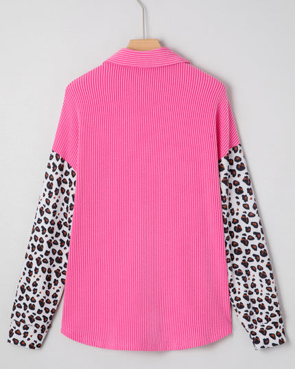 Rose Red Leopard Patched Twisted Ribbed Western Casual Shacket