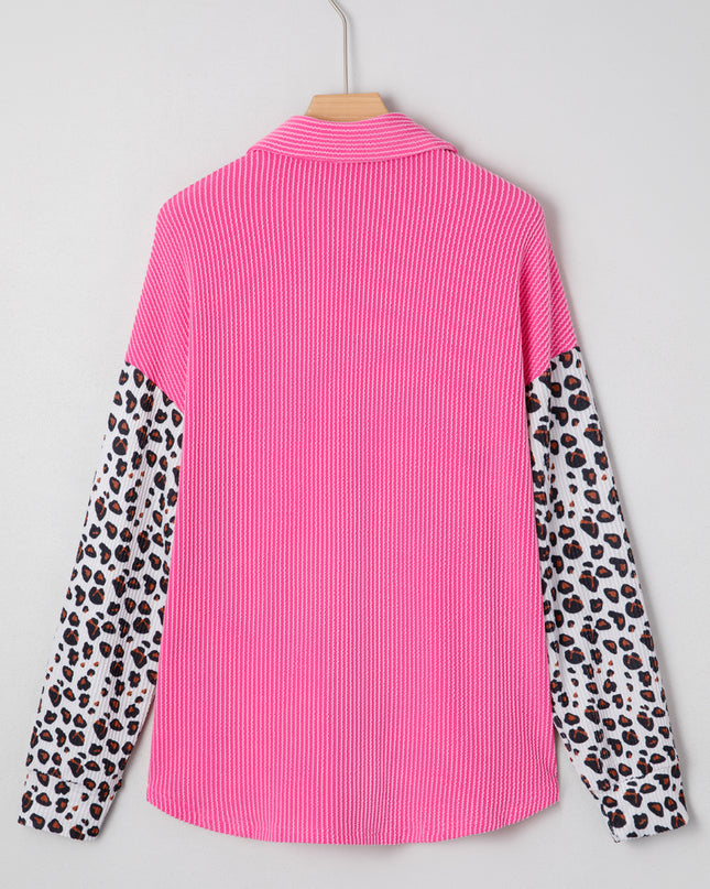Rose Red Leopard Patched Twisted Ribbed Western Casual Shacket