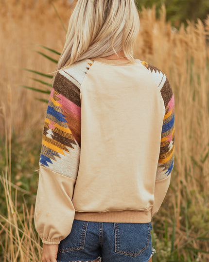 Light French Beige Aztec Patchwork Raglan Pullover Sweatshirt