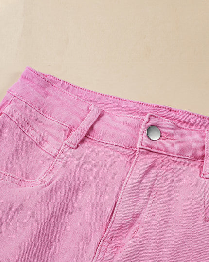 Pink Frayed Edge Mid Rise Denim Shorts