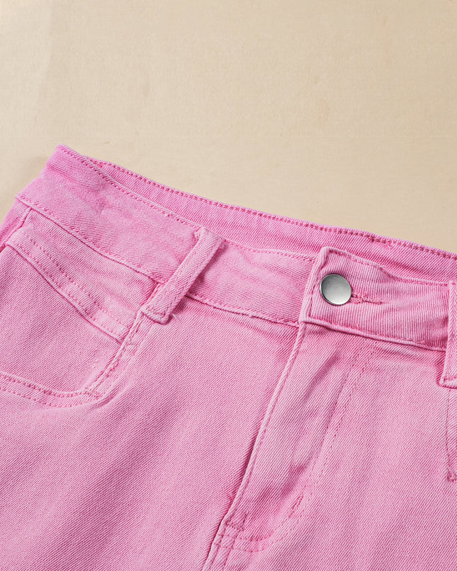 Pink Frayed Edge Mid Rise Denim Shorts