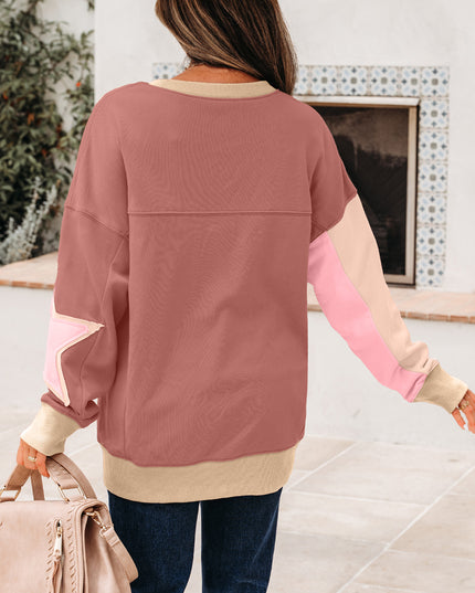 Rose Pink Contrast Star Patchwork Exposed Seam Uneven Hem Drop Shoulder Sweatshirt