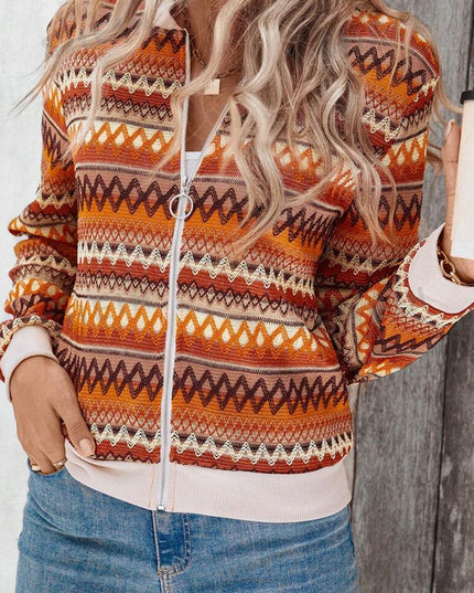 Orange Boho Striped Zip Up Long Sleeve Jacket
