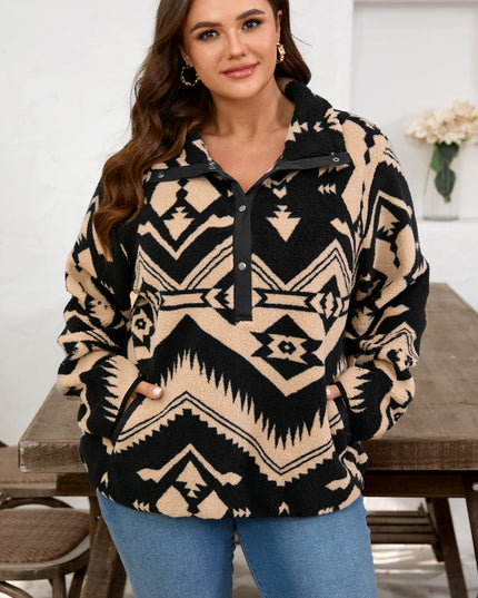 Black Plus Size Western Aztec Pattern Half Button Collared Plush Sweatshirt