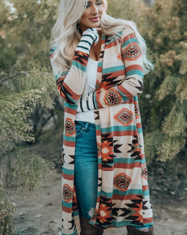 Multicolor Geometric Color Block Open Front Long Cardigan