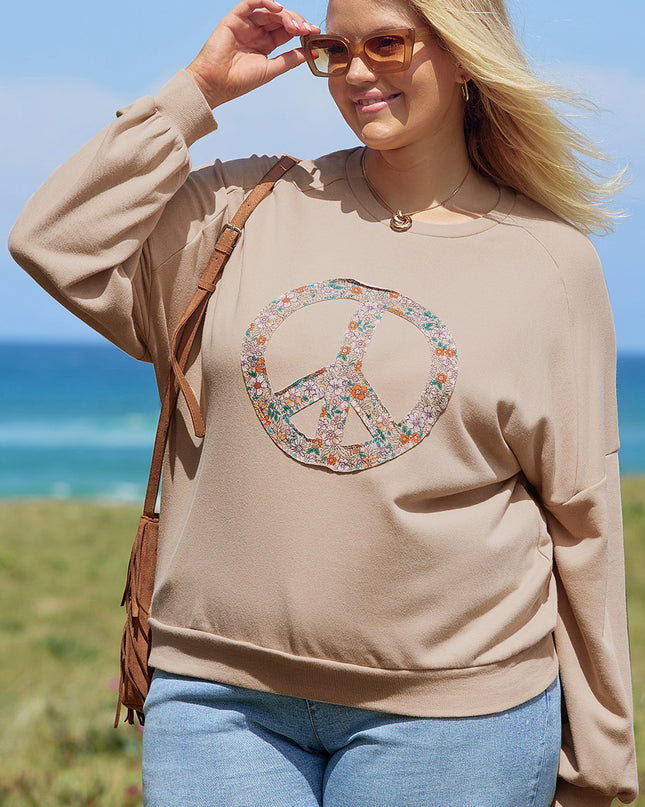 Pale Khaki Floral Peace Sign Graphic Washed Terry Plus Size Sweatshirt