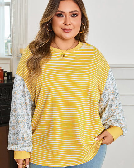 Yellow Stripe Striped Contrast Floral Sleeve Patchwork Plus Size Loose Top