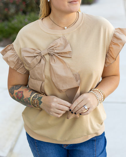 Parchment Ruffled Short Sleeve Bowknot Applique Crew Neck Plus Size Top