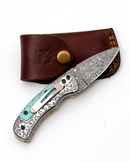 Hand-Forged Damascus Folder | Turquoise Handle, Engraved Bolster & Intricate Scrollwork