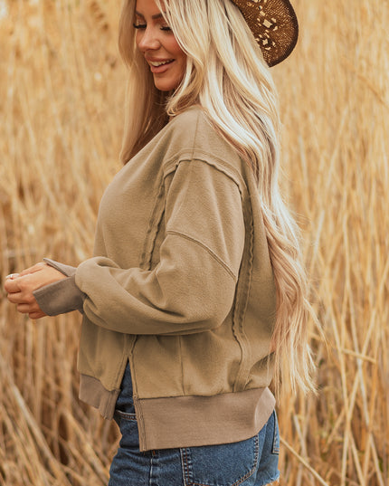 Dark Khaki Fuzzy Sherpa Splicing Pullover Sweatshirt with Side Slit