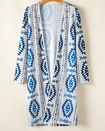 Sky Blue Western Aztec Printed Open Front Long Cardigan