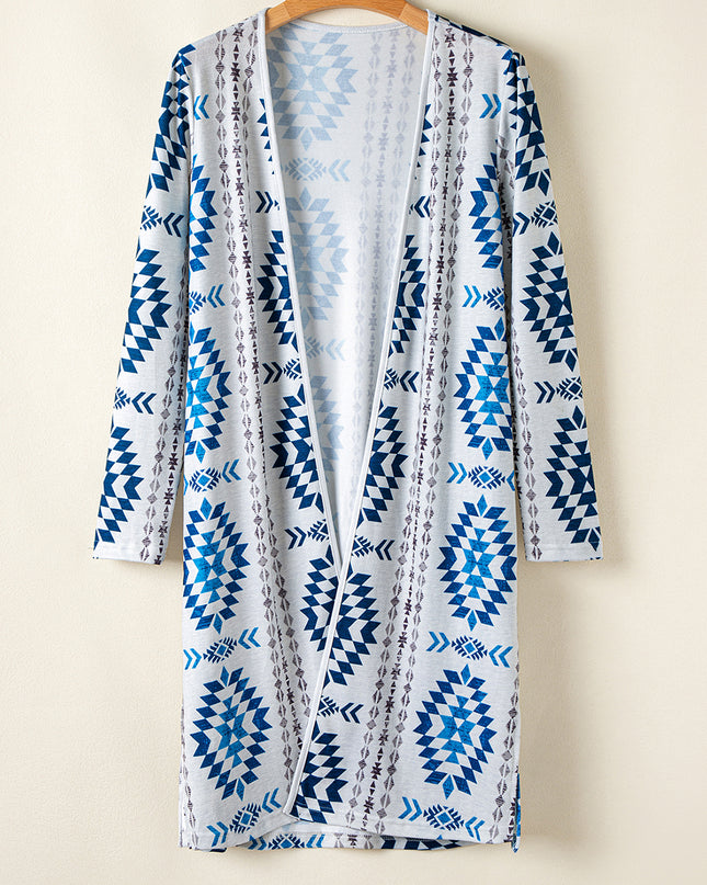Sky Blue Western Aztec Printed Open Front Long Cardigan