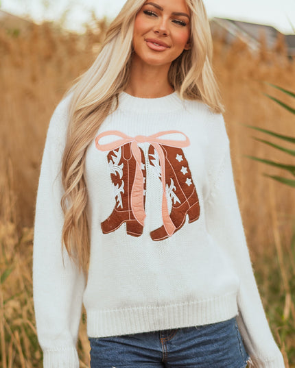 White Embroidered Bow Boots Graphic Drop Shoulder Sweater