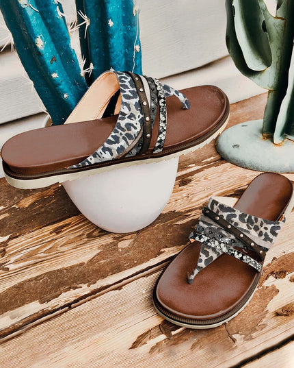 Leopard Studded Animal Print Flip Flop Sandals
