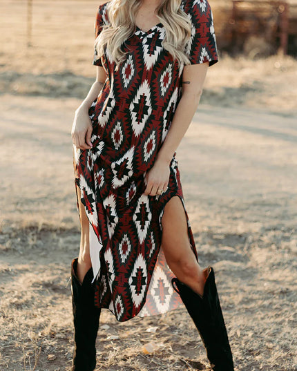Red Western Aztec Printed Long T-shirt Dress