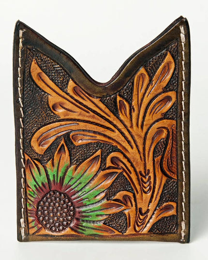 ADCCF108 Hand-Tooled Leather Card Holder - Sunflower & Western Floral Design