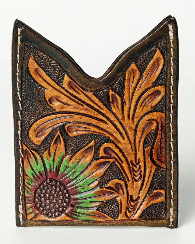 ADCCF108 Hand-Tooled Leather Card Holder - Sunflower & Western Floral Design