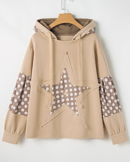 Apricot Floral Patchwork Star Pattern Drawstring Hoodie