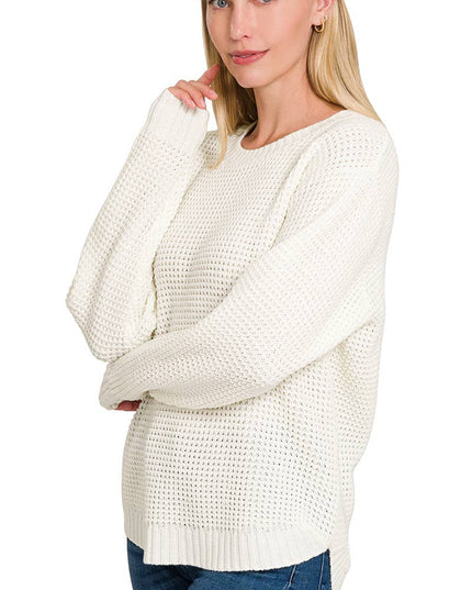 Hi Low Long Sleeve Round Neck Waffle Sweater Zenana