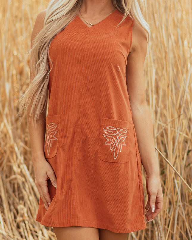 Gold Flame Corduroy Western Embroidered Patched Pocket Shift Sleeveless Mini Dress
