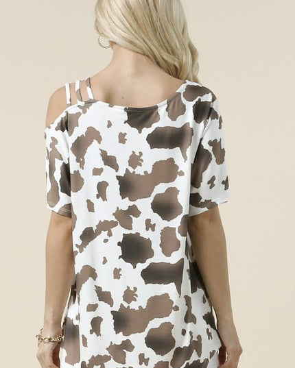 AV1102-CELIA COW PRINT OFF SHOULDER SHORT SLEEVE TOP
