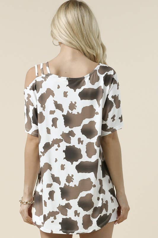 AV1102-CELIA COW PRINT OFF SHOULDER SHORT SLEEVE TOP