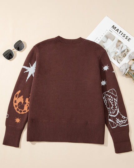 Brown Cowgirl Fashion Print Casual Sweater