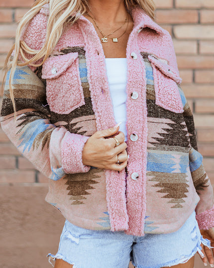 Pink Western Aztec Print Sherpa Splicing Buttoned Flap Pocket Coat