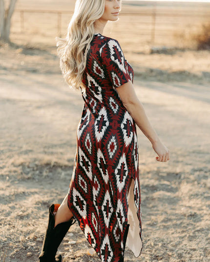 Red Western Aztec Printed Long T-shirt Dress