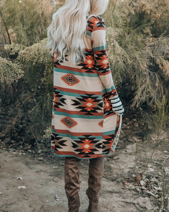 Multicolor Geometric Color Block Open Front Long Cardigan