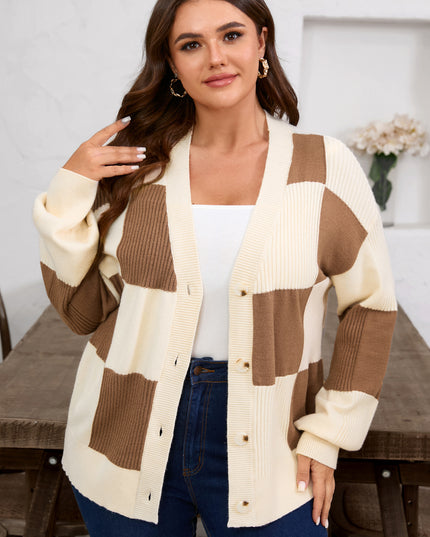 Khaki Checkered Ribbed Texture Knit Plus Size Cardigan Sweater