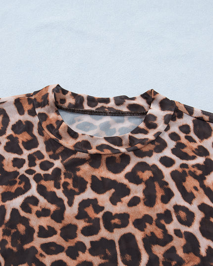 Brown Plus Size Mock Neck Leopard Mesh Top