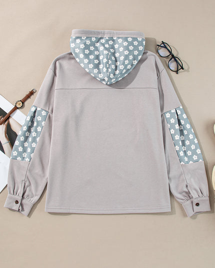 Beau Blue Floral Patchwork Star Pattern Drawstring Hoodie