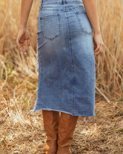 Dearlove Myosotis Irregular Distressed Bottom Denim Midi Skirt