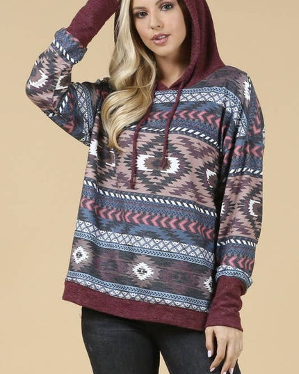KC020-TANIA AZTEC PRINT COLOR BLOCK HOODIE