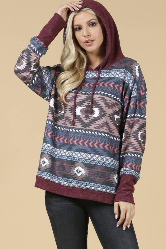 KC020-TANIA AZTEC PRINT COLOR BLOCK HOODIE
