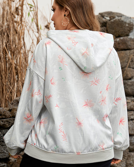 Gray Floral Print Plus Size Loose Hoodie