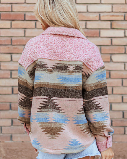 Pink Western Aztec Print Sherpa Splicing Buttoned Flap Pocket Coat