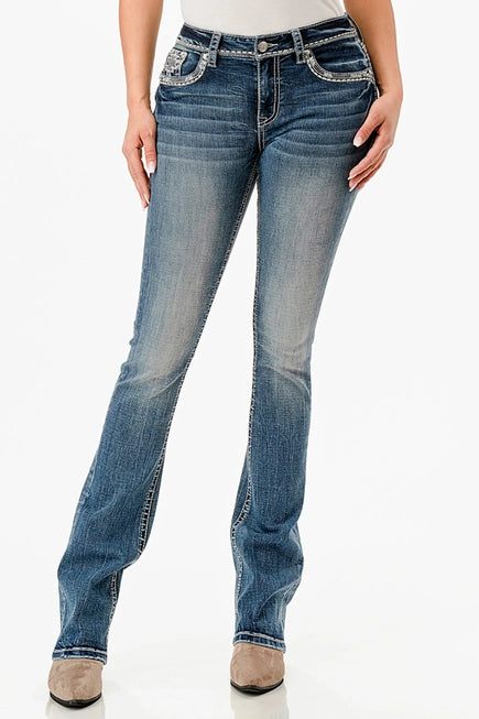 Grace In LA - Aztec Embroidery Mid-Rise Boot Cut 32"