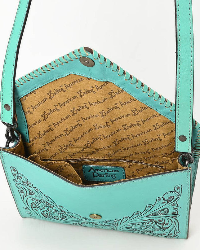 ADBGZ754 Envelope Hand Tooled Leather Wallet Bag - Western Floral Whipstitch Purse