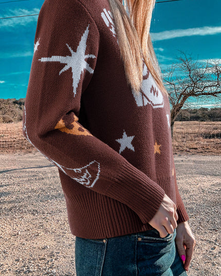Brown Cowgirl Fashion Print Casual Sweater