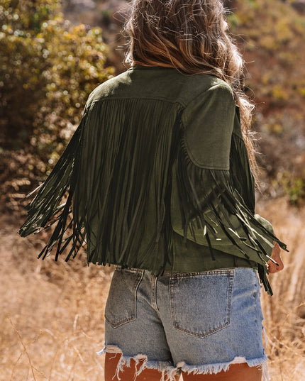 Green Cropped Fringe Faux Suede Jacket