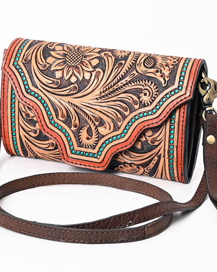ADBGA393 Tooled Leather Wallet Bag with Turquoise Stud Trim & Floral Design