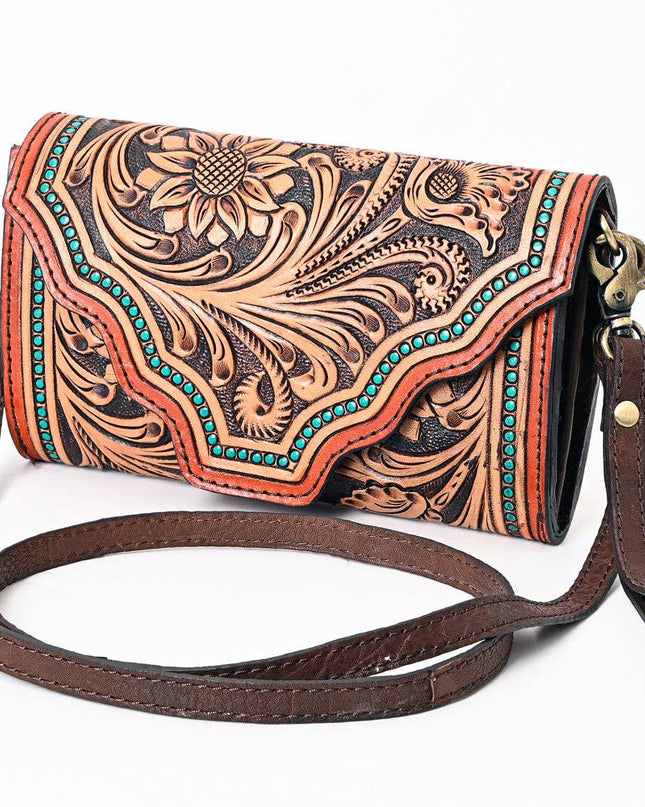 ADBGA393 Tooled Leather Wallet Bag with Turquoise Stud Trim & Floral Design