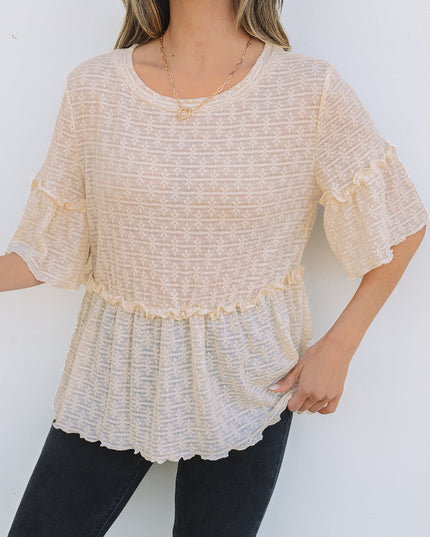 Beige Solid Color Textured Ruffled Short Sleeve Blouse